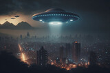 ufo flying over the big city at night