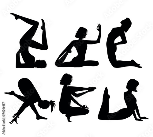 Vector yoga graphics set of different black silhouettes of yoga girls in different asana poses