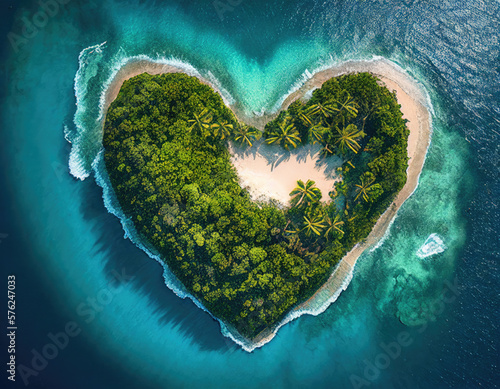 Aerial view of Caribbean Island in the Shape of a Heart. Love Vacation Concept. Generative AI.