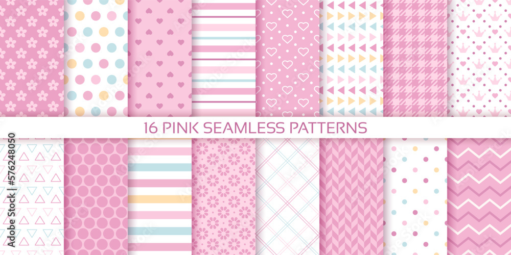 Pink seamless pattern. Scrapbook background. Set baby girl textures. Baby  shower packing paper with polka dot, stripes, hearts and zigzag. Cute  pastel print for scrap design. Color vector illustration Stock Vector