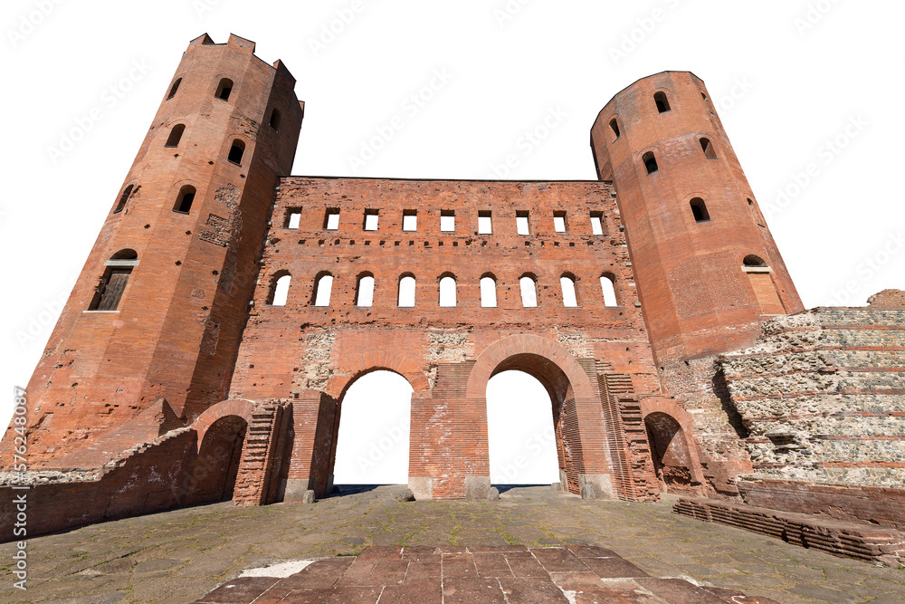 Ancient Roman ruins of Palatine gate and towers (Porta Palatina), isolated on white or transparent background, Turin downtown (Torino), Piedmont, Italy, Europe. Png.