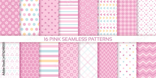 Pink seamless pattern. Scrapbook background. Set baby girl textures. Baby shower packing paper with polka dot, stripes, hearts and zigzag. Cute pastel print for scrap design. Color vector illustration
