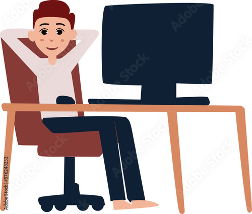 A man is sitting in front of a computer, leaning back in his chair. His eyes are focused on the screen as he works diligently to complete his tasks