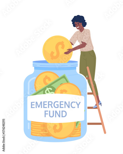 Keeping cash for emergency flat concept vector spot illustration. Editable 2D cartoon character on white for web design. Savings creative idea for website, mobile, magazine. Oxygen font used