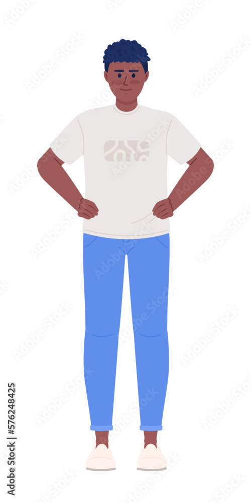 Positive young man holding hands on hips semi flat color vector character. Editable figure. Full body person on white. Simple cartoon style spot illustration for web graphic design and animation Positive young man holding hands on hips semi flat color vector character. Editable figure. Full body person on white. Simple cartoon style spot illustration for web graphic design and animation