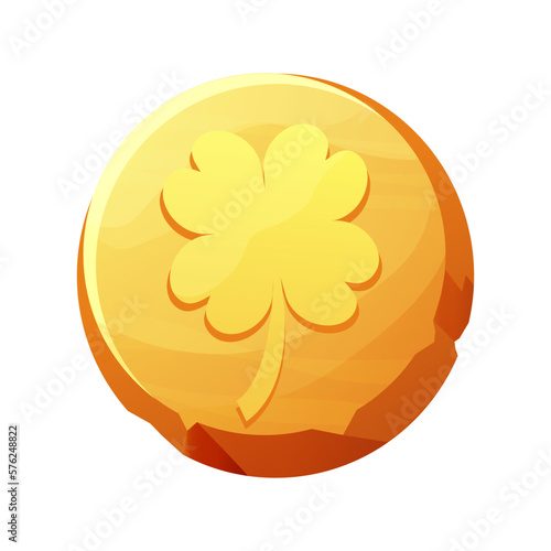 Golden coin with clover lucky symbol, irish penny Celtic celebration element in cartoon style isolated on white background