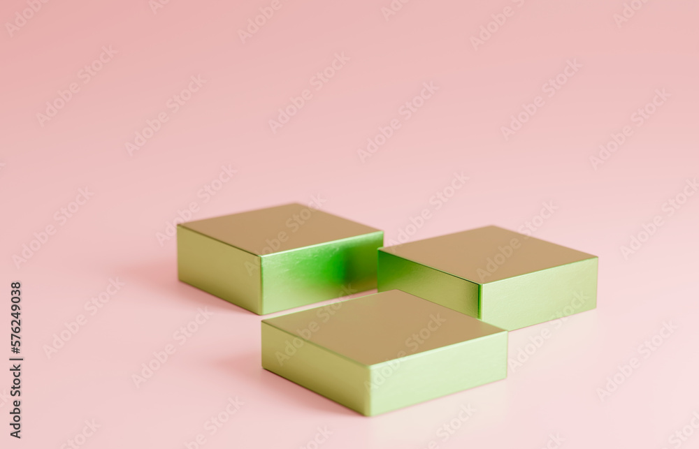 Fototapeta premium Green chrome covered boxes with small bevel. Product advertising marketing background in pink. Various heights in stages.
