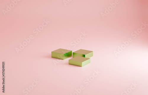 Green chrome covered boxes with small bevel. Product advertising marketing background in pink. Various heights in stages.