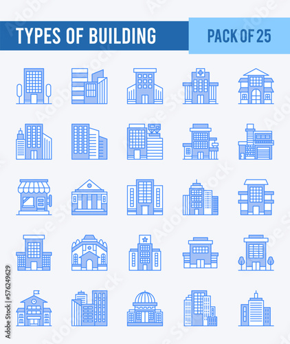 25 Types of Building. Two Color icons Pack. vector illustration.