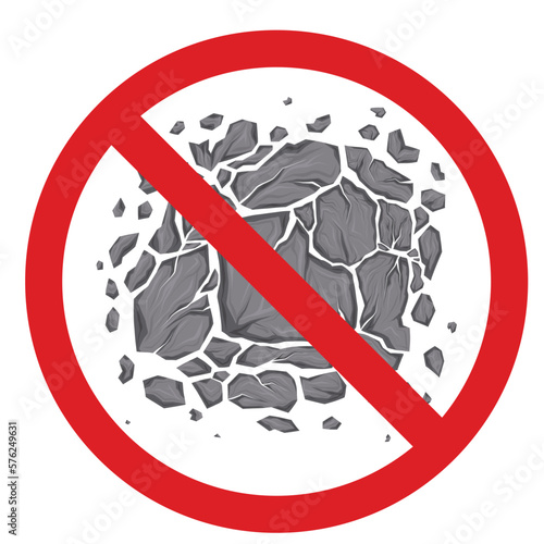 Vector illustration of broken stones in forbidden sign. Earthquake free zone. Cartoon clipart smashed rocks with cracks in prohibited badge.