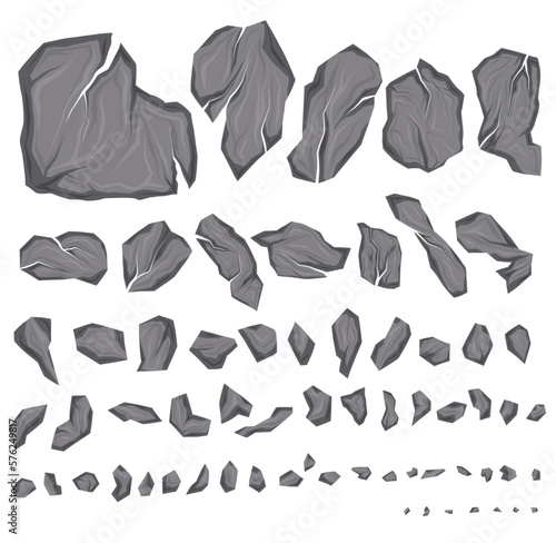 Vector set of various of broken stones. Cartoon clipart collection of smashed rocks with cracks isolated from background.