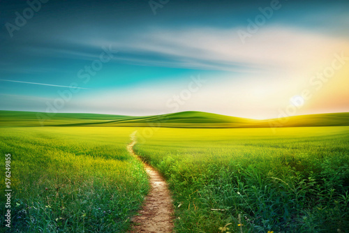 Picturesque winding path through a green grass field in hilly area in morning at dawn against blue sky with clouds. Natural panoramic spring summer landscape. photo