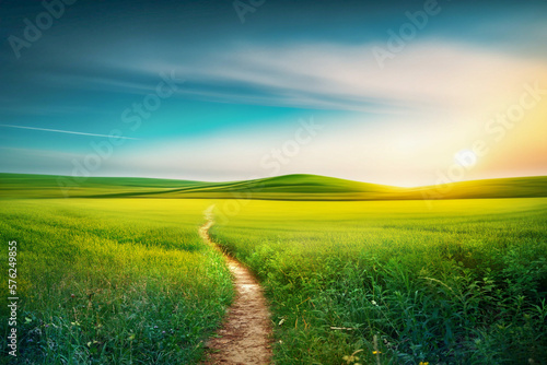 Obraz na płótnie Picturesque winding path through a green grass field in hilly area in morning at dawn against blue sky with clouds. Natural panoramic spring summer landscape. w salonie
