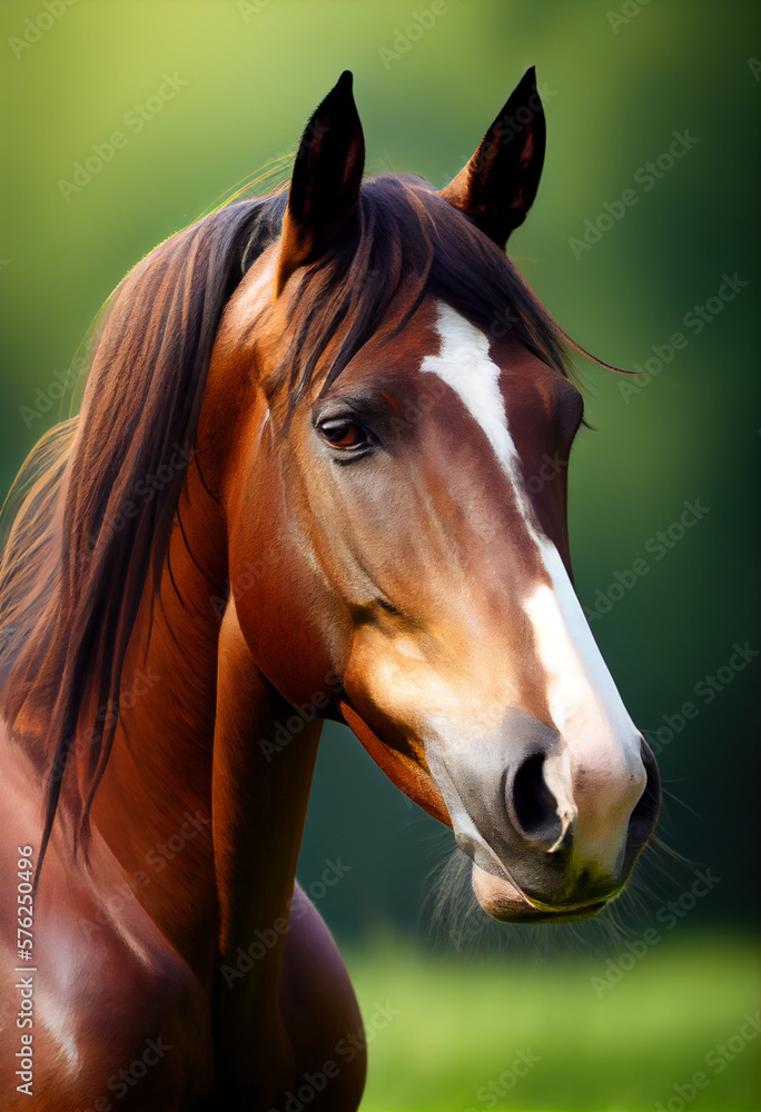 Fototapeta premium Portrait of a horse in the pasture. AI generated