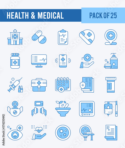 25 Health And Medical. Two Color icons Pack. vector illustration.