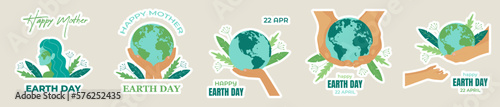 Earth day sticker pack. International Mother Earth Day. Ecology and environmental protection concepts. Vector illustration in flat style