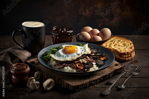 A product photo of fried eggs and bacon and hash browns and black pudding and mushrooms and toast. Breakfast food. Generative AI.