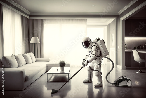 Unrecognizable man wearing astronaut spacesuit and helmet vacuuming living room with hoover in a modern home. Amusing daily life concept. Generative AI.