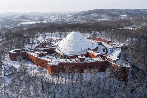 Aerial view of Kosciuszko Mound in Krakow during winter, Poland photo
