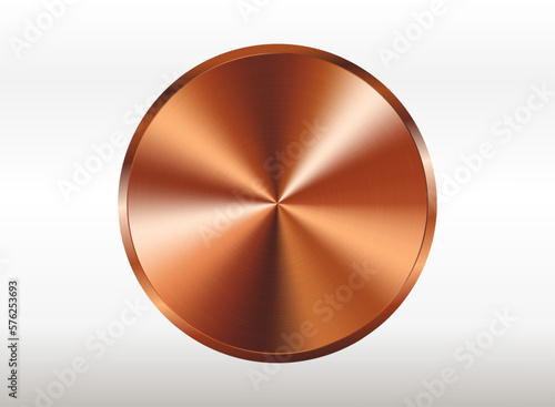 Round metal button or knob. Realistic copper or bronze texture.3d vector illustration isolated on white background.