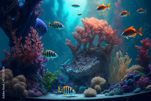 Aqua scene with corals and many fish on blue underwater background. Neural network AI generated art photo