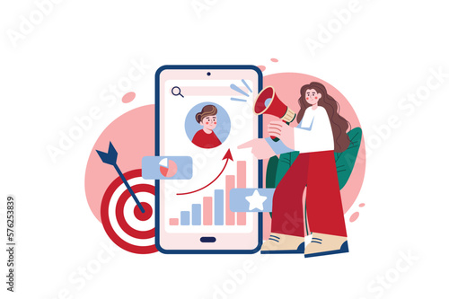 Marketing red concept with people scene in the flat cartoon design. Marketer gives instructions on advertising and promotion of customers' goods. Vector illustration.