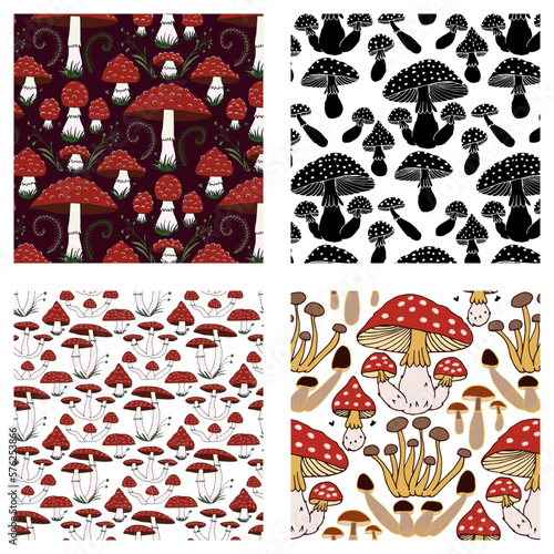 Set of 4 patterns with fly agaric. Forest poisonous mushrooms. Vector illustration.