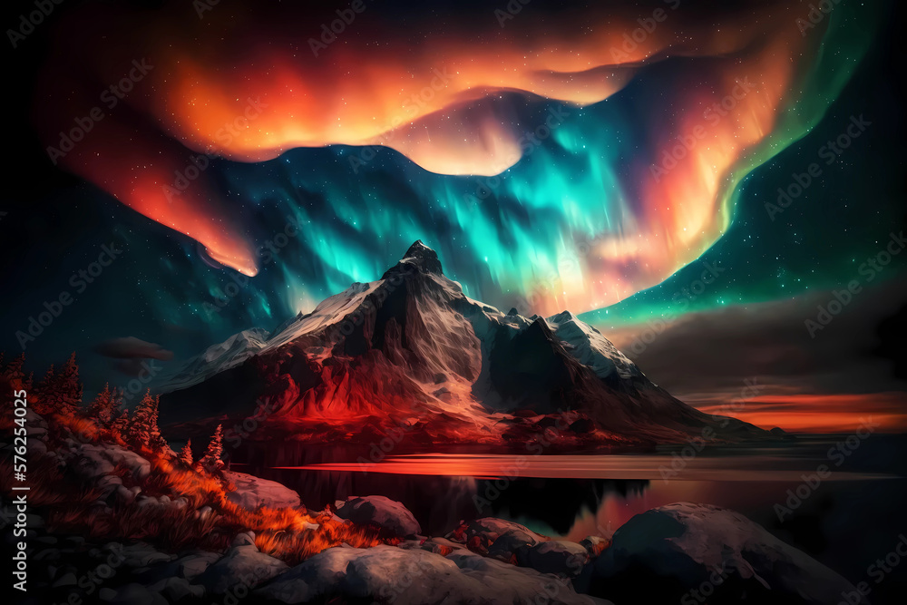 Beautiful mountain landscape with beautiful aurora borealis. Generative ai design.