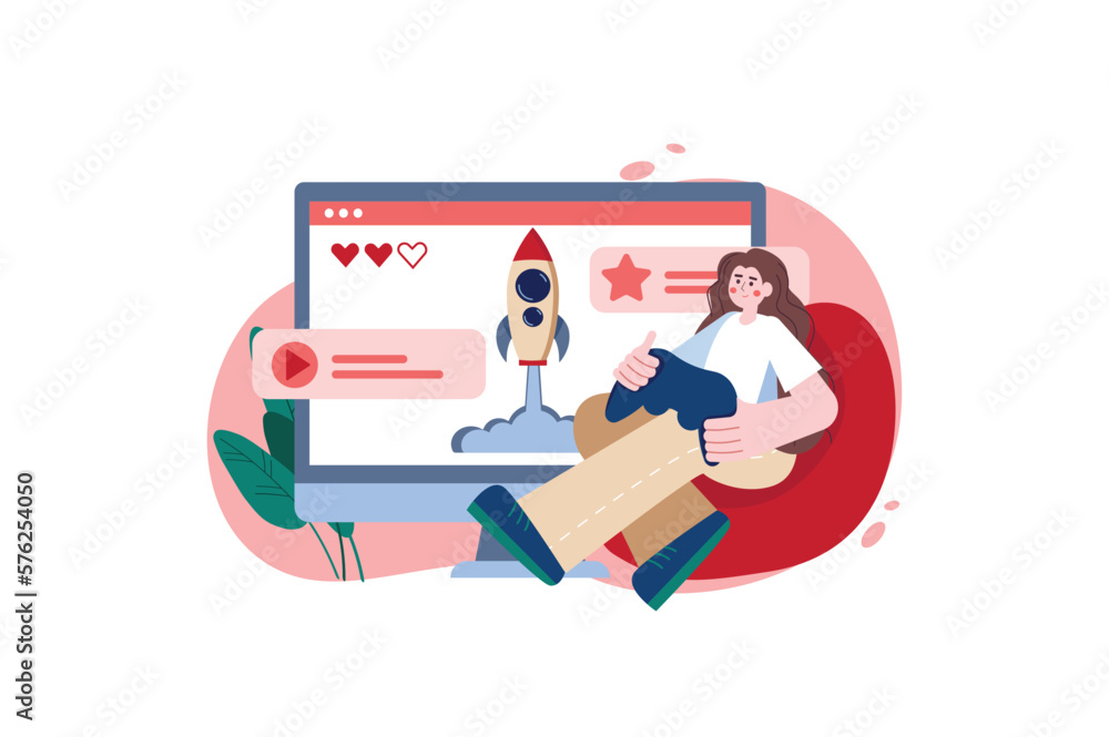 Gaming red concept with people scene in the flat cartoon design. Girl plays computer games while sitting at home. Vector illustration. Gaming red concept with people scene in the flat cartoon design. Girl plays computer games while sitting at home. Vector illustration.