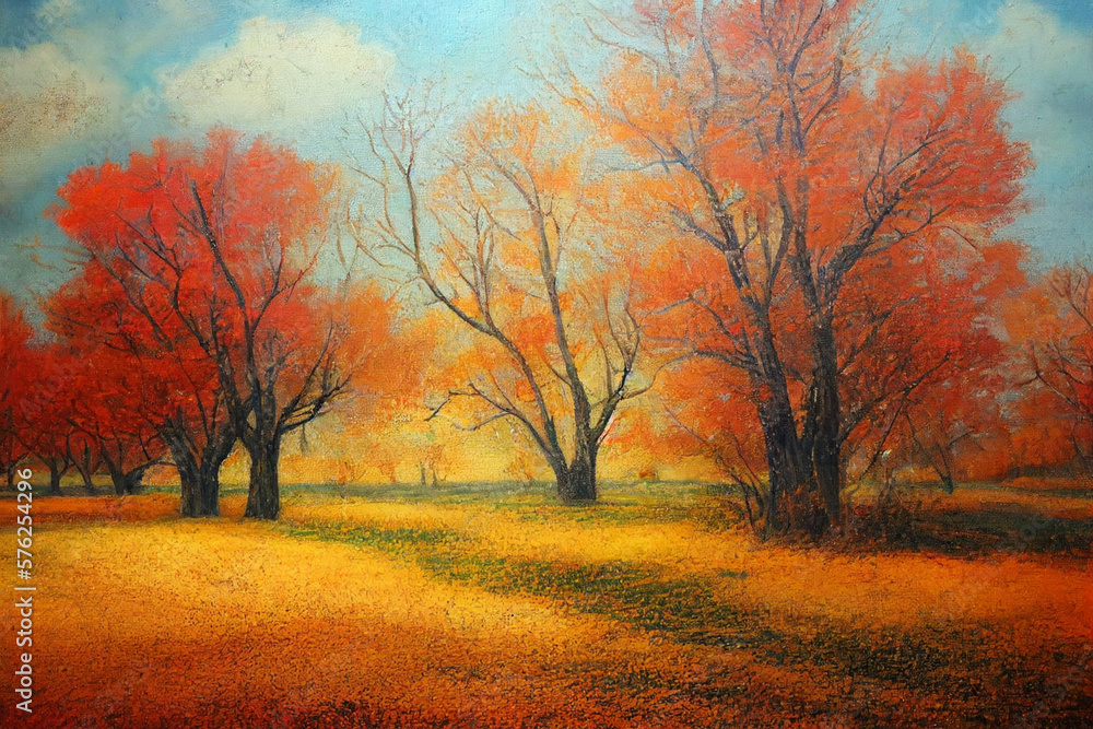 autumn landscape with trees , vintage painting, wall art, Generative AI