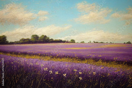 lavender field at sunset, vintage painting, Generative aI