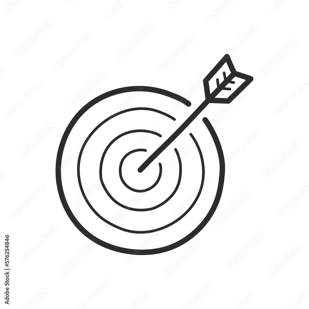 Arrow hit in archery target icon. Hand drawing design style. Vector. Arrow hit in archery target icon. Hand drawing design style. Vector.