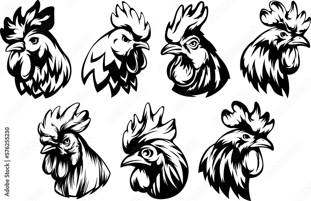 Obraz premium Head of rooster set. Cock abstract character illustration. Graphic logo designs template for emblem. Image of portrait for company use.