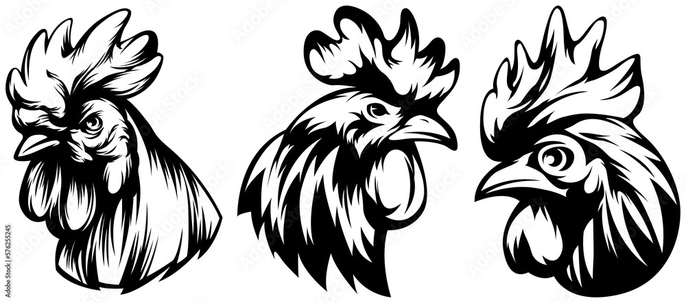 Obraz premium Head of rooster set. Cock abstract character illustration. Graphic logo designs template for emblem. Image of portrait for company use.