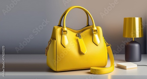 Beautiful trendy smooth youth women's handbag in bright yellow color on a gray studio background. AI generated.