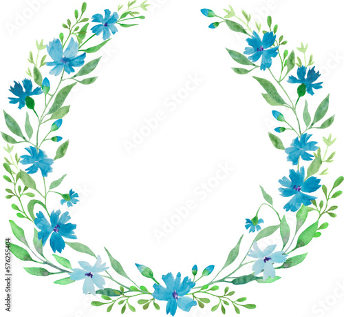 Watercolor floral round wreath  with blue flowers, cornflowers,  leaves, branches.  Hand drawing illustration isolated on white background. Vector EPS. © Alla