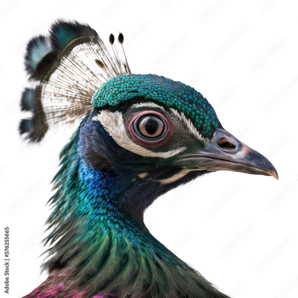 Peacock head isolated on white background. Generative AI Peacock head isolated on white background. Generative AI