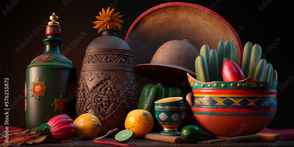 Fototapeta premium A Cinco de Mayo Mexican Still Life with Bokeh, a Mexican Hat and Cacti