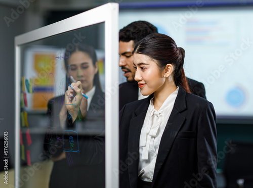 Millennial Asian professional successful female businesswoman in formal business suit standing using marker writing ideas strategy on glass board meeting with multinational colleagues in meeting room