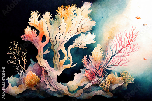Corals in watercolor background wallpaper created with Generative AI technology