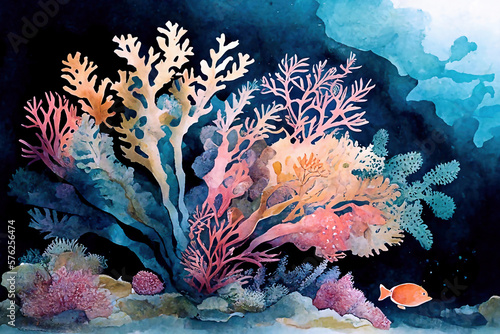 Corals in watercolor art design created with Generative AI technology