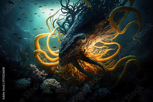 Sea monster art screen background created with Generative AI technology