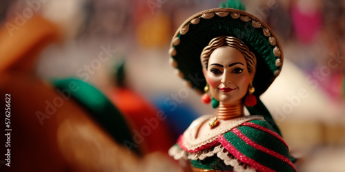 Celebrating the Culture of Mexico on Cinco de Mayo - Wooden Figure of a Woman in Traditional Clothing in a Festive Street