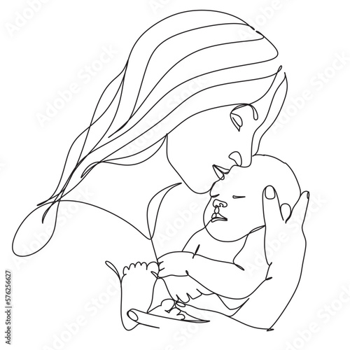 Abstract mother with a child in continuous one line drawing art style. Mother`s Day card. Woman hugging her baby. Happy motherhood concept. Modern vector illustration