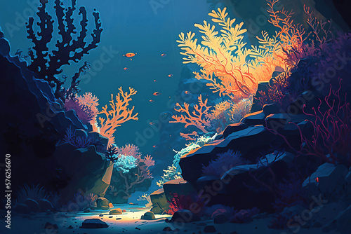 Seabed lit by sunlight art screen background created with Generative AI technology