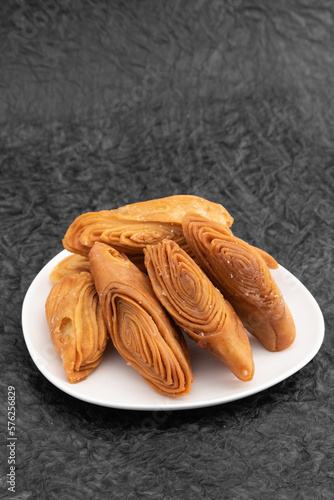 Indian Madatha Thumb Khaja Also Called Gottam Kaja, Badusha, Chirote, Kakinada Kaaja Is Traditional Layered Sweet Puff Pastry Famous In Andhra, Bengal, Gujrat, Bihar, Agra, Odisha, Orrisa In India