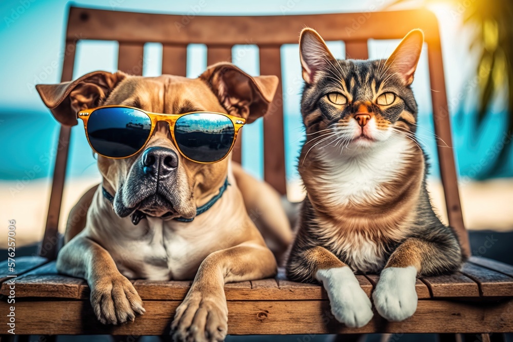 Dog in sunglasses and cat on a beach, lying on a deckchair. Generative AI Dog in sunglasses and cat on a beach, lying on a deckchair. Generative AI