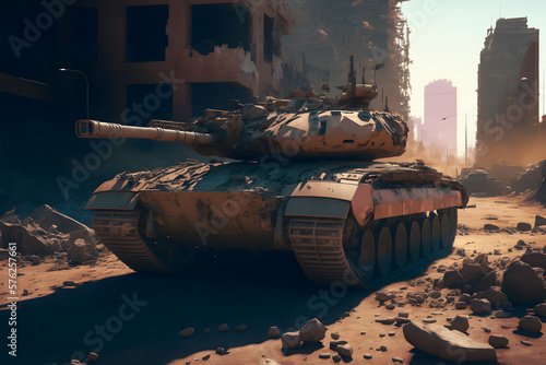 Modern futuristic battle tank with turret and cannon in city center. Neural network AI generated art photo