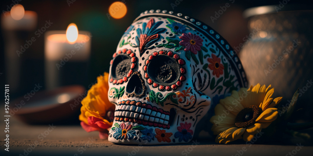 Colorful Decorated Skull Celebrating Mexican Day of the Dead Festival