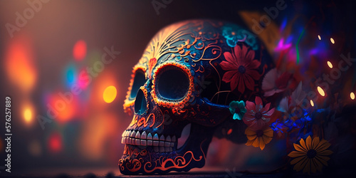 Colorful Decorated Skull Celebrating Mexican Day of the Dead Festival